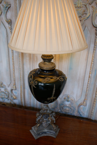 Vintage French Rustic Bronze Finish Green & Gold Ornate Spelter Glass Table Lamp