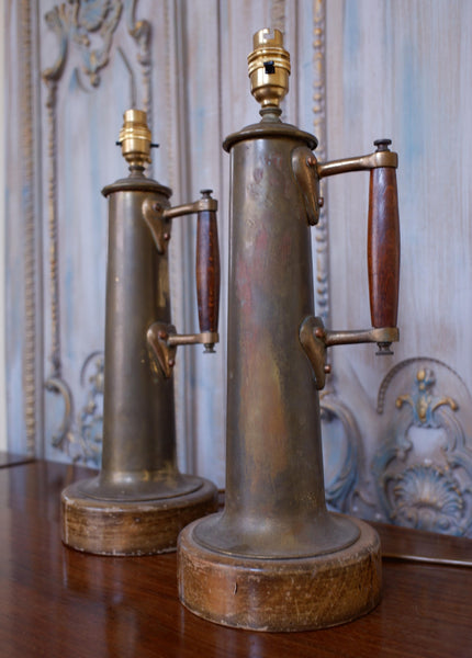 Pair of Vintage BRASS Rustic GOLD Ornate Metal Gun Shell War Table Bedside Lamps