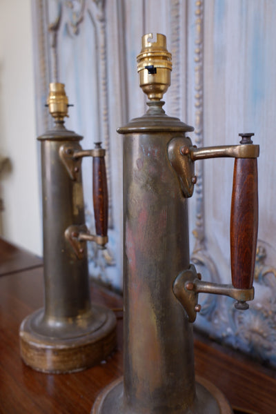 Pair of Vintage BRASS Rustic GOLD Ornate Metal Gun Shell War Table Bedside Lamps