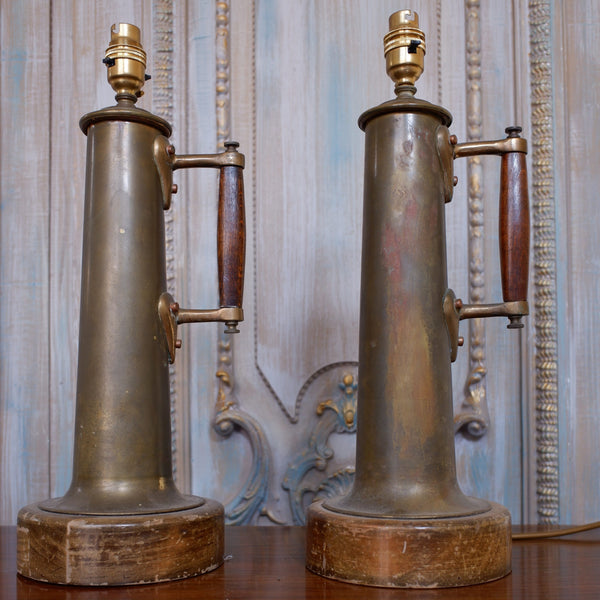 Pair of Vintage BRASS Rustic GOLD Ornate Metal Gun Shell War Table Bedside Lamps
