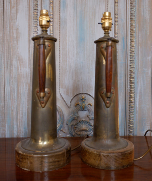 Pair of Vintage BRASS Rustic GOLD Ornate Metal Gun Shell War Table Bedside Lamps