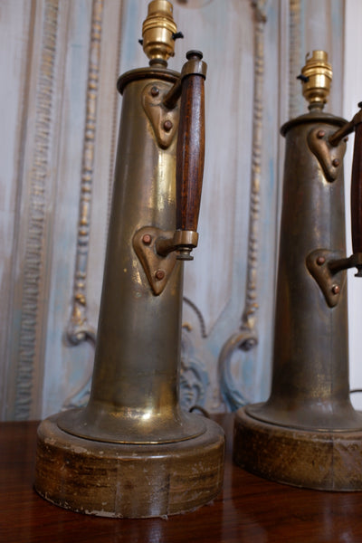 Pair of Vintage BRASS Rustic GOLD Ornate Metal Gun Shell War Table Bedside Lamps