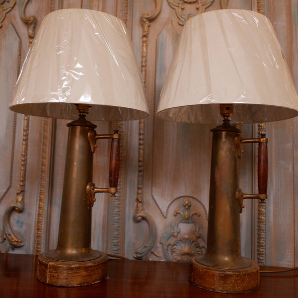 Pair of Vintage BRASS Rustic GOLD Ornate Metal Gun Shell War Table Bedside Lamps