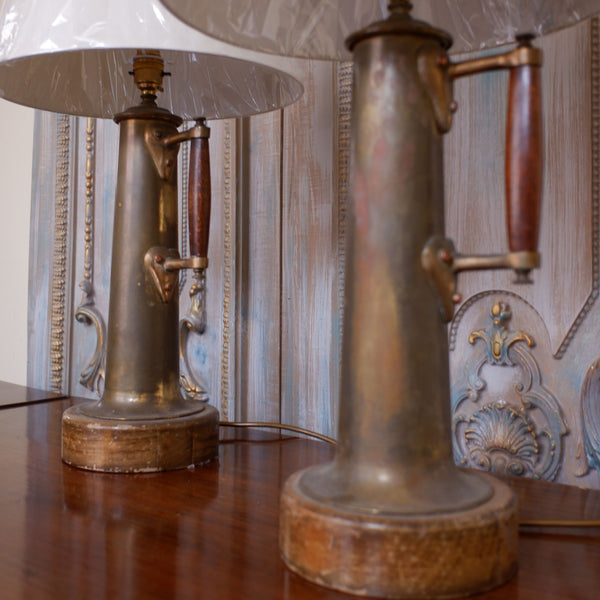 Pair of Vintage BRASS Rustic GOLD Ornate Metal Gun Shell War Table Bedside Lamps