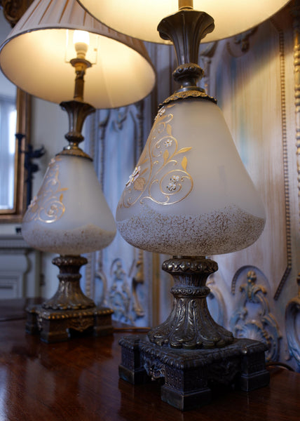 Pair of Antique FRENCH Ornate Frosted Glass & Metal GOLD Table Bedside Lamps