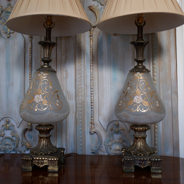 Pair of Antique FRENCH Ornate Frosted Glass & Metal GOLD Table Bedside Lamps