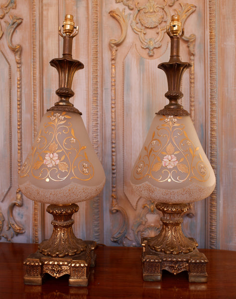 Pair of Antique FRENCH Ornate Frosted Glass & Metal GOLD Table Bedside Lamps