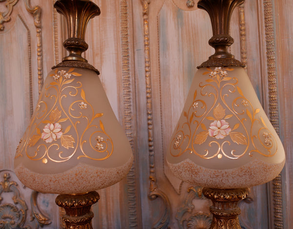 Pair of Antique FRENCH Ornate Frosted Glass & Metal GOLD Table Bedside Lamps