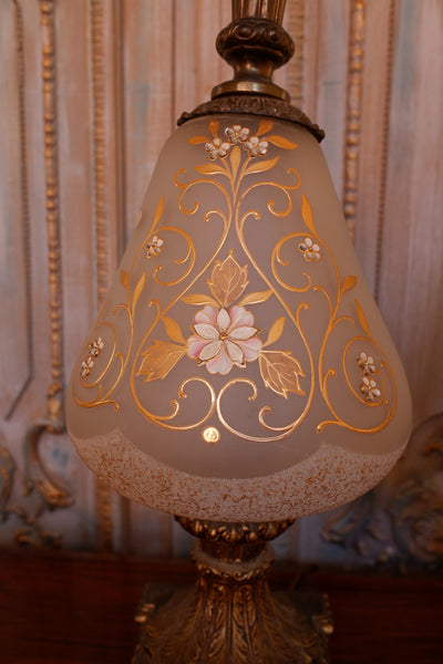 Pair of Antique FRENCH Ornate Frosted Glass & Metal GOLD Table Bedside Lamps