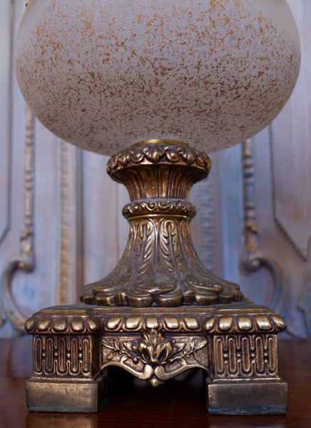 Pair of Antique FRENCH Ornate Frosted Glass & Metal GOLD Table Bedside Lamps