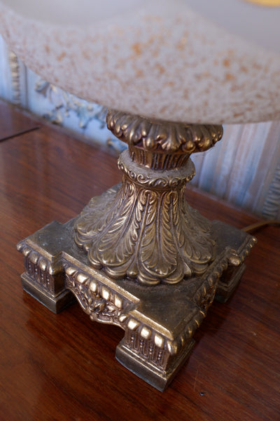 Pair of Antique FRENCH Ornate Frosted Glass & Metal GOLD Table Bedside Lamps