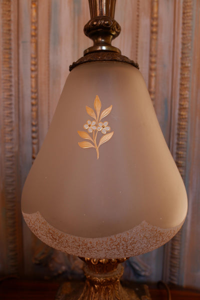 Pair of Antique FRENCH Ornate Frosted Glass & Metal GOLD Table Bedside Lamps