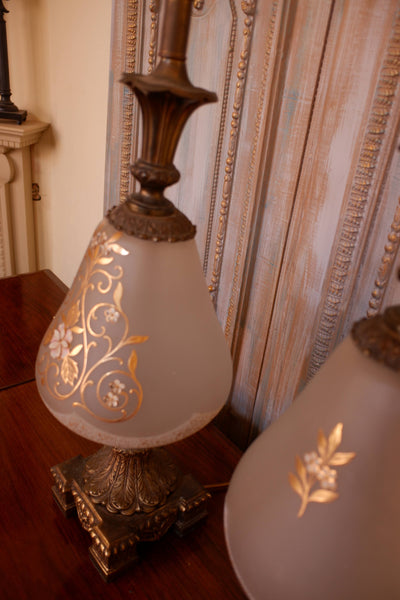 Pair of Antique FRENCH Ornate Frosted Glass & Metal GOLD Table Bedside Lamps