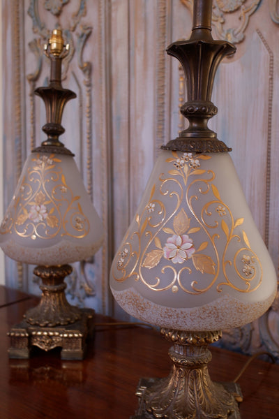 Pair of Antique FRENCH Ornate Frosted Glass & Metal GOLD Table Bedside Lamps