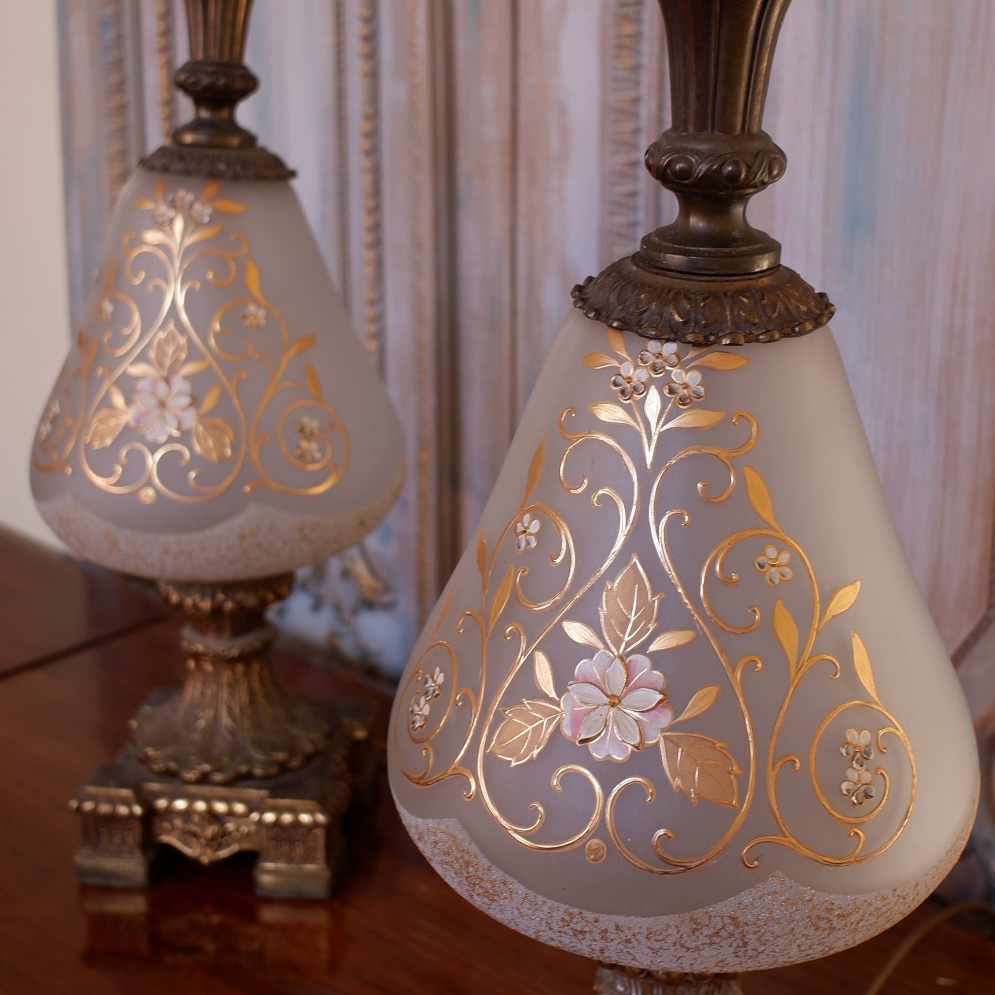 Pair of Antique FRENCH Ornate Frosted Glass & Metal GOLD Table Bedside Lamps
