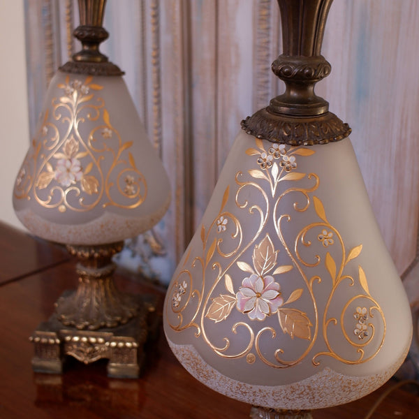 Pair of Antique FRENCH Ornate Frosted Glass & Metal GOLD Table Bedside Lamps