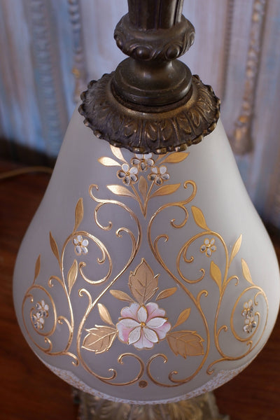 Pair of Antique FRENCH Ornate Frosted Glass & Metal GOLD Table Bedside Lamps