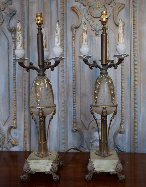 Pair of Antique FRENCH Ornate Frosted Glass & Metal GOLD Candelabra Table Lamps