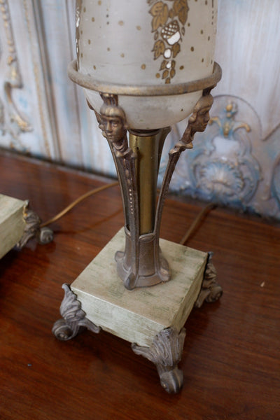 Pair of Antique FRENCH Ornate Frosted Glass & Metal GOLD Candelabra Table Lamps