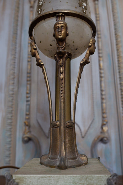 Pair of Antique FRENCH Ornate Frosted Glass & Metal GOLD Candelabra Table Lamps