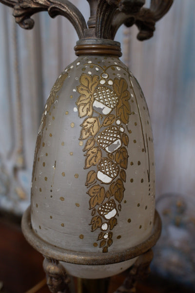 Pair of Antique FRENCH Ornate Frosted Glass & Metal GOLD Candelabra Table Lamps