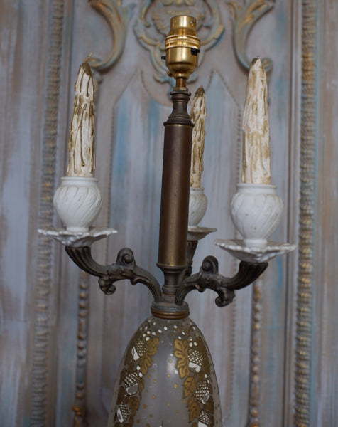 Pair of Antique FRENCH Ornate Frosted Glass & Metal GOLD Candelabra Table Lamps