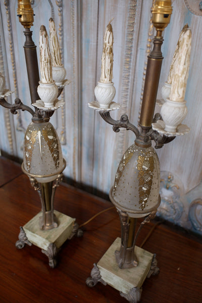 Pair of Antique FRENCH Ornate Frosted Glass & Metal GOLD Candelabra Table Lamps