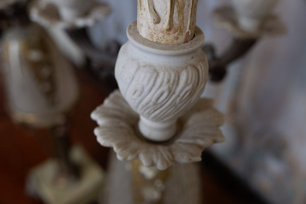 Pair of Antique FRENCH Ornate Frosted Glass & Metal GOLD Candelabra Table Lamps