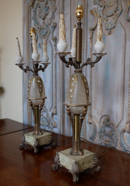 Pair of Antique FRENCH Ornate Frosted Glass & Metal GOLD Candelabra Table Lamps