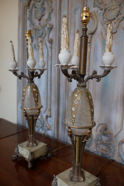 Pair of Antique FRENCH Ornate Frosted Glass & Metal GOLD Candelabra Table Lamps