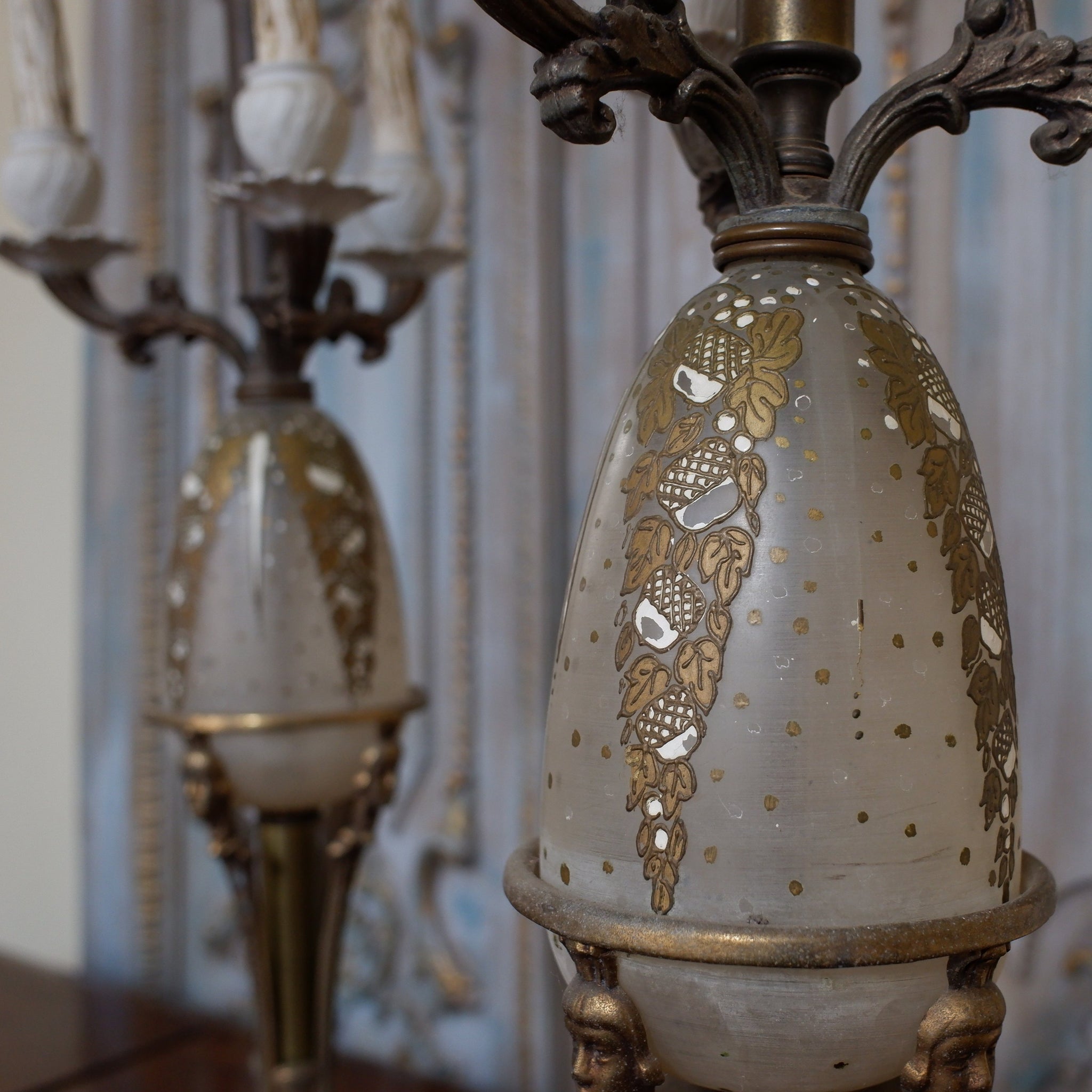 Pair of Antique FRENCH Ornate Frosted Glass & Metal GOLD Candelabra Table Lamps