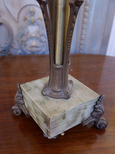 Pair of Antique FRENCH Ornate Frosted Glass & Metal GOLD Candelabra Table Lamps