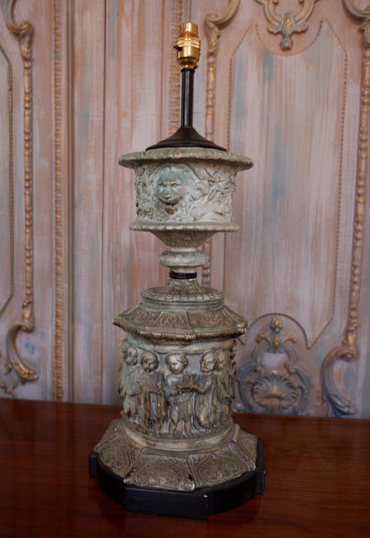 Vintage French CHURCH Figures Rustic Blue Green COLUMN Tall Table Bedside Lamp