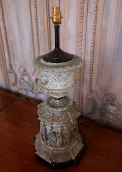 Vintage French CHURCH Figures Rustic Blue Green COLUMN Tall Table Bedside Lamp