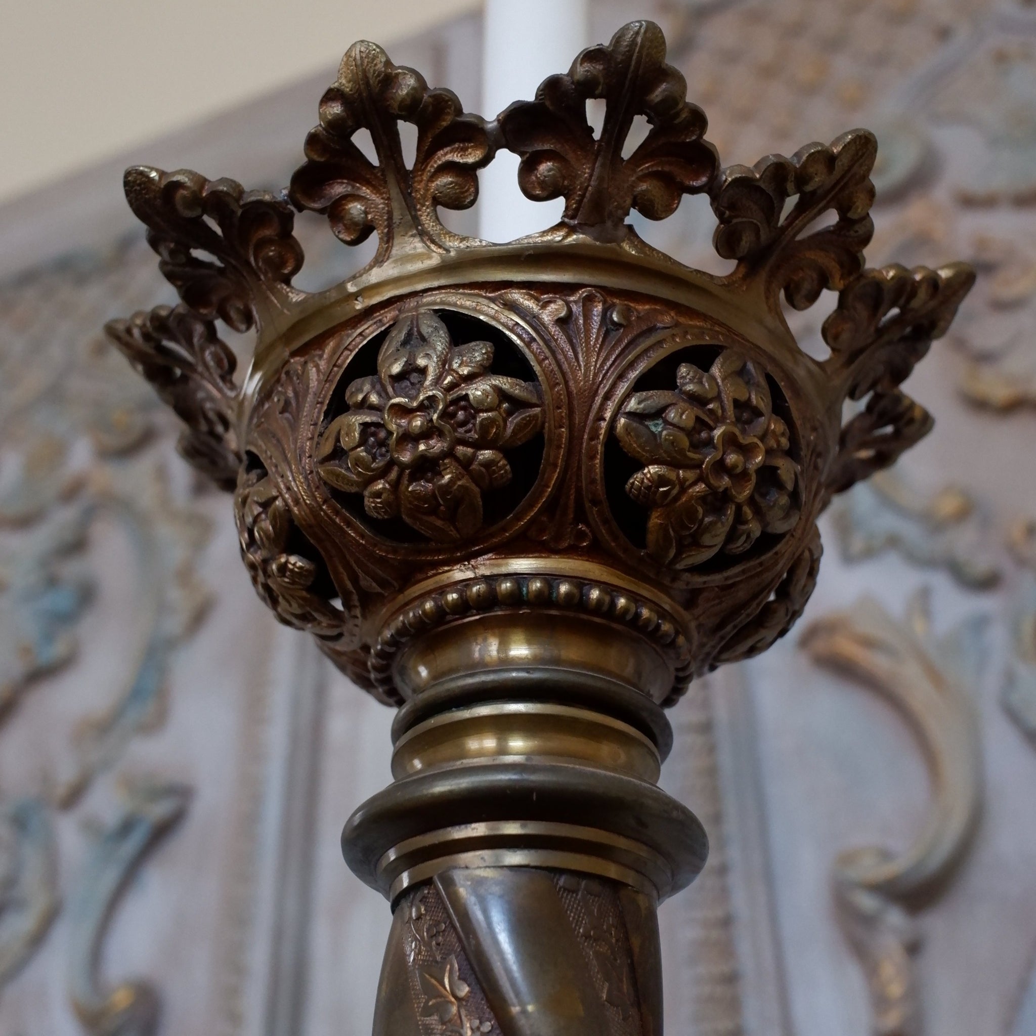 Vintage French GOTHIC Gold Column TORCHERE Tall Metal Lamp Church Altar Lantern