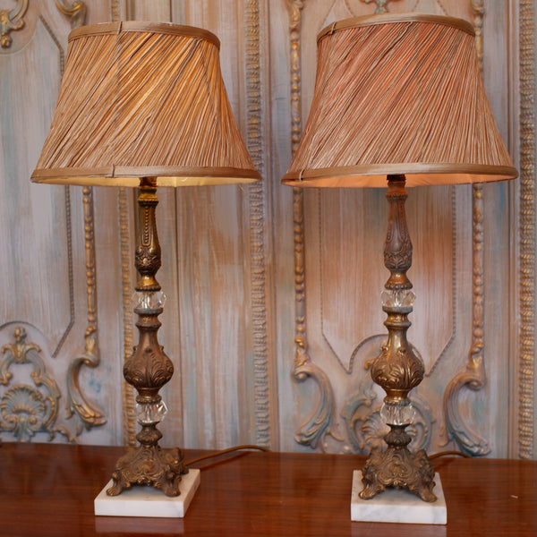 Pair of Antique FRENCH Ornate Clear Glass Marble & Metal Column Table Lamps