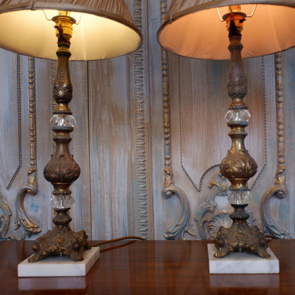Pair of Antique FRENCH Ornate Clear Glass Marble & Metal Column Table Lamps