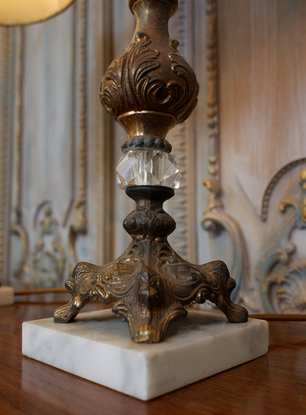 Pair of Antique FRENCH Ornate Clear Glass Marble & Metal Column Table Lamps