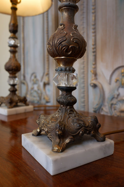 Pair of Antique FRENCH Ornate Clear Glass Marble & Metal Column Table Lamps