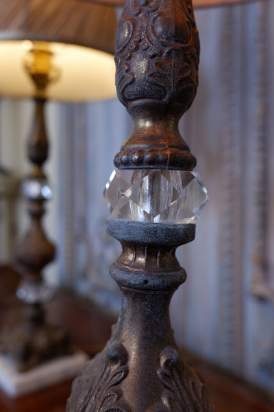 Pair of Antique FRENCH Ornate Clear Glass Marble & Metal Column Table Lamps