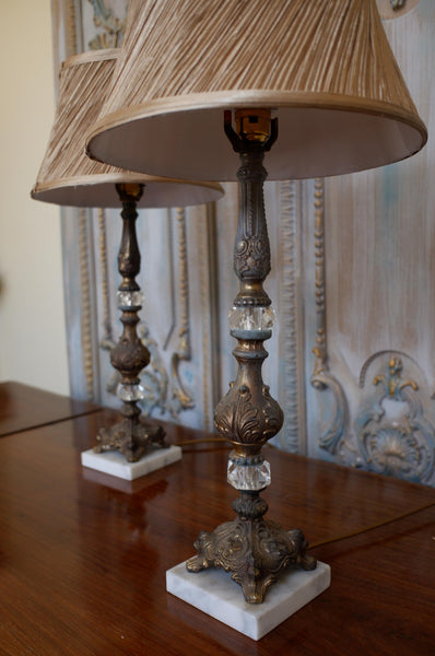 Pair of Antique FRENCH Ornate Clear Glass Marble & Metal Column Table Lamps