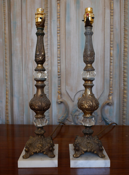 Pair of Antique FRENCH Ornate Clear Glass Marble & Metal Column Table Lamps