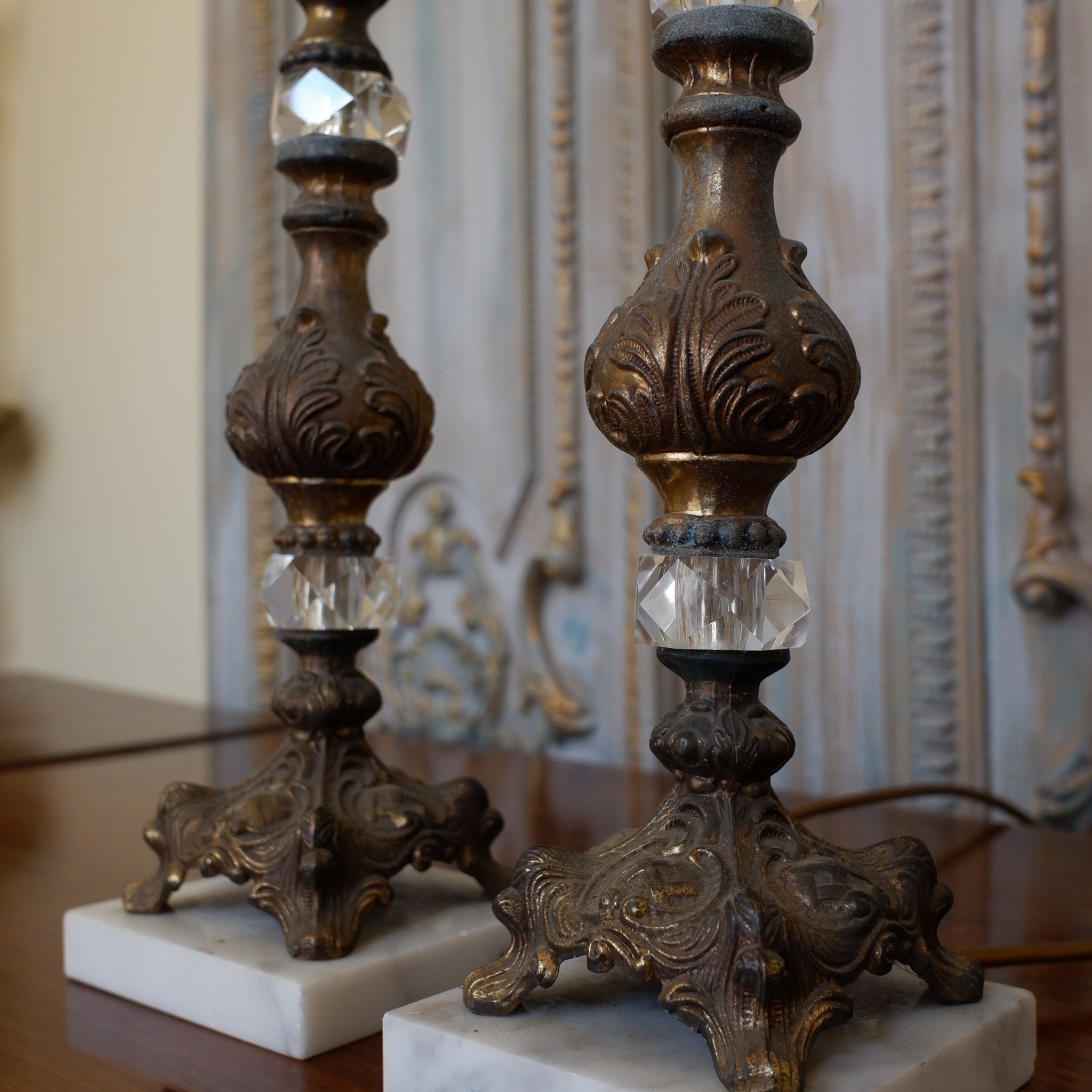 Pair of Antique FRENCH Ornate Clear Glass Marble & Metal Column Table Lamps