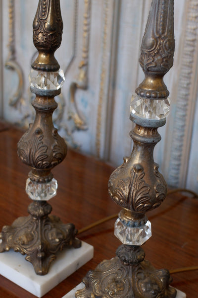 Pair of Antique FRENCH Ornate Clear Glass Marble & Metal Column Table Lamps
