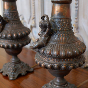 Pair Vintage French Rustic BRONZE Cherub Metal URN Vase Jug Table Bedside Lamps