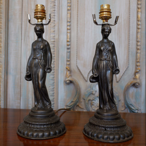 Pair of Antique FRENCH Ornate Metal BRONZE Finish Lady Figures Table Bedside Lamps