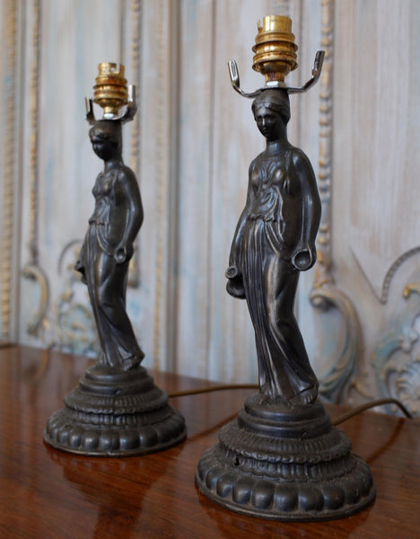 Pair of Antique FRENCH Ornate Metal BRONZE Finish Lady Figures Table Bedside Lamps