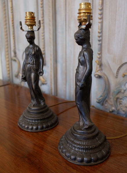 Pair of Antique FRENCH Ornate Metal BRONZE Finish Lady Figures Table Bedside Lamps