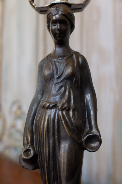 Pair of Antique FRENCH Ornate Metal BRONZE Finish Lady Figures Table Bedside Lamps
