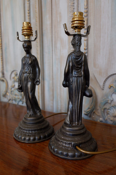 Pair of Antique FRENCH Ornate Metal BRONZE Finish Lady Figures Table Bedside Lamps